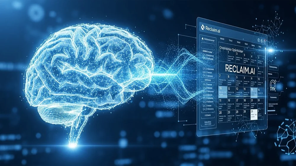 Representação de um cérebro tecnológico conectado a uma interface digital do Reclaim.ai, simbolizando a inteligência artificial na gestão de tempo.