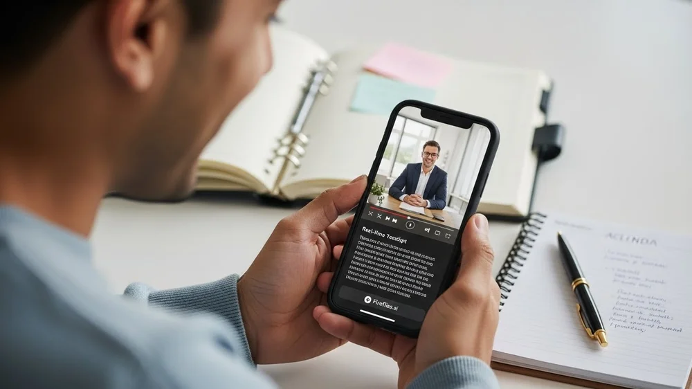 Pessoa segurando um smartphone que exibe uma videochamada e a transcrição em tempo real gerada pelo Fireflies.ai.