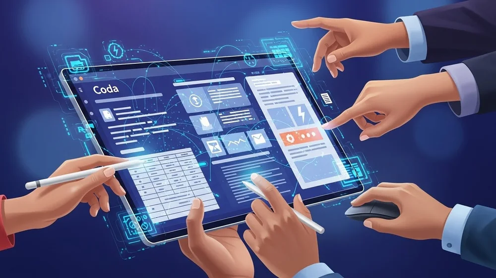 Múltiplas mãos interagindo simultaneamente com um tablet que exibe um documento Coda dinâmico com tabelas, gráficos e checklists.