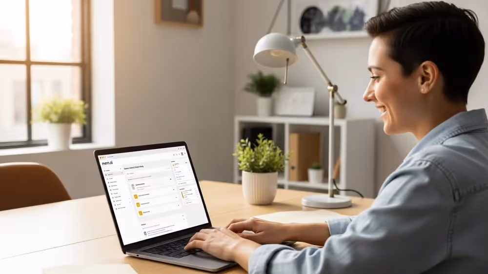 Uma mulher sorridente em um escritório iluminado trabalhando em um notebook que exibe a interface de organização de notas do Mem.ai.