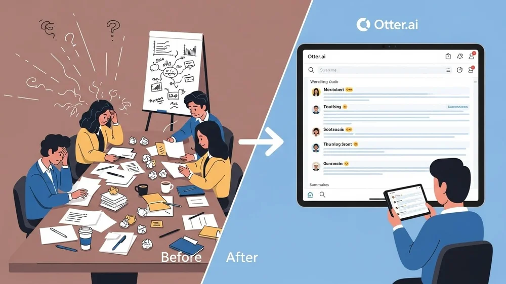 Ilustração comparativa mostrando uma reunião caótica com papéis espalhados ("Before") e um homem organizado usando o tablet com Otter.ai ("After").