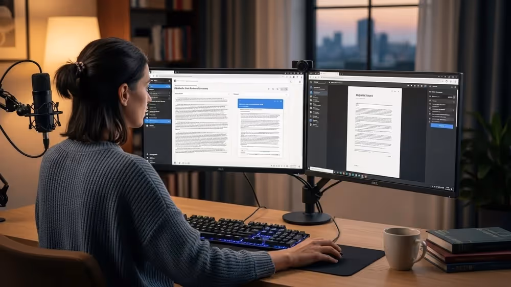 Mulher em um setup de home office com microfone profissional, utilizando dois monitores para revisar documentos e roteiros digitais.