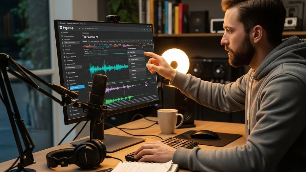 Homem em home office apontando para monitor com o software Papercup e o título "The Future of AI" em uma linha do tempo de áudio.