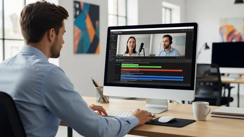 Homem sentado em frente a um computador monitorando uma videoconferência entre dois participantes e uma linha do tempo de áudio colorida.
