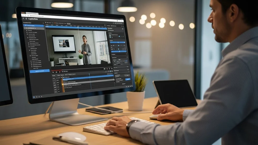 Profissional em ambiente de escritório moderno editando vídeo de apresentação em monitor grande.