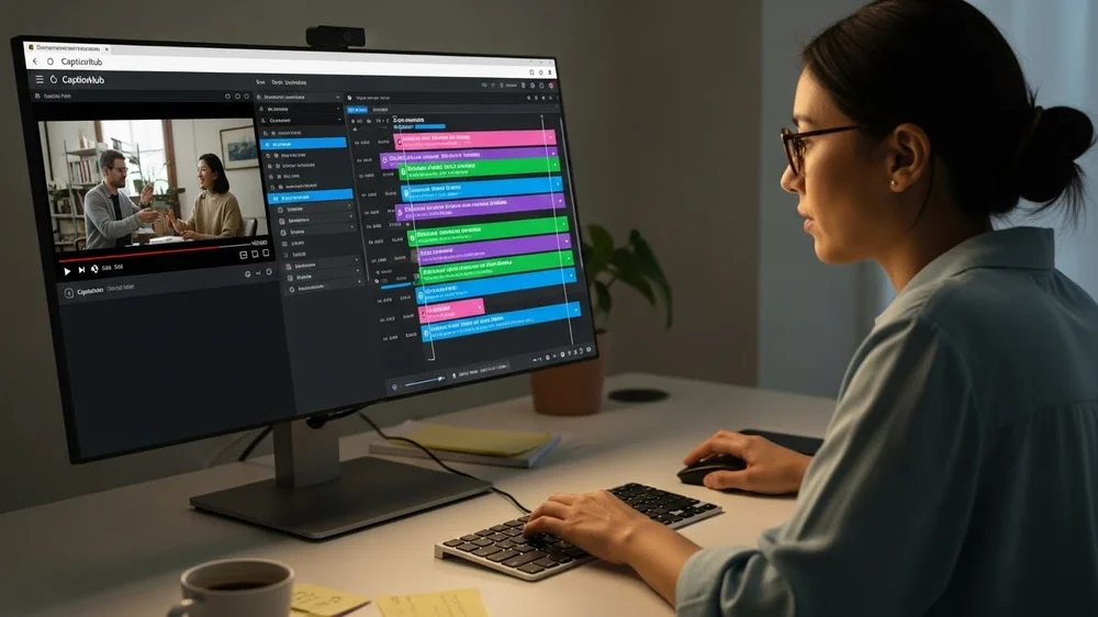 Mulher de óculos trabalhando em edição de vídeo com interface colorida de blocos de tempo.