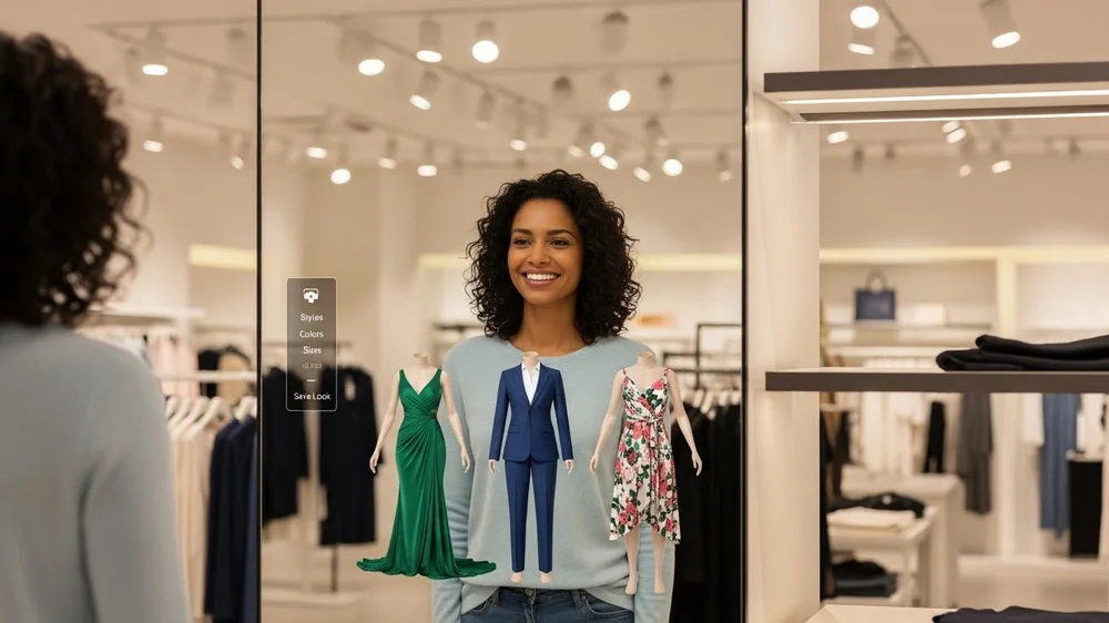 Mulher sorridente em frente a um espelho inteligente em loja, testando roupas virtuais por IA.