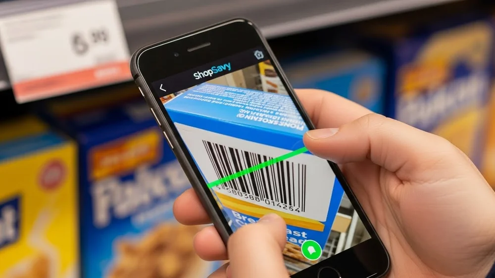 Smartphone fazendo leitura de código de barras de um produto em prateleira de supermercado.