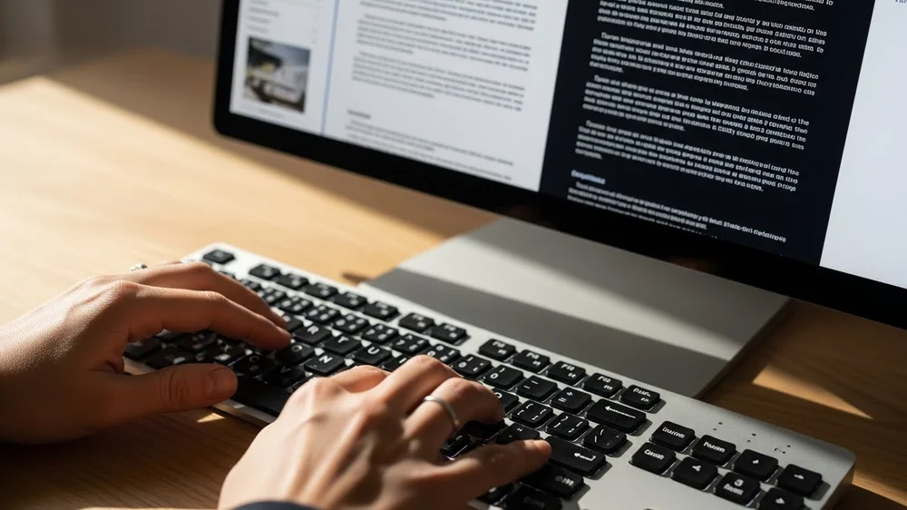 Close-up de mãos digitando em um teclado ergonômico em frente a um monitor com texto.