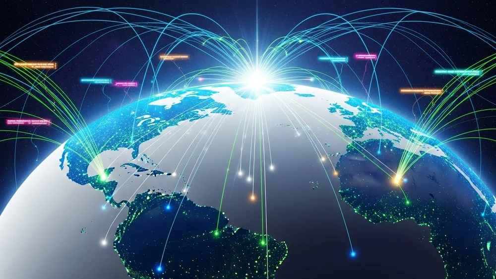 Ilustração digital do planeta Terra com feixes de luz conectando diferentes continentes, representando rede global.