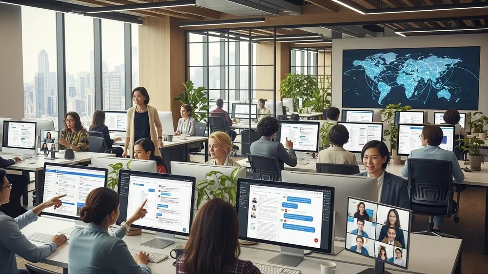 Equipe trabalhando em um escritório moderno com telas de chat e um grande mapa-múndi digital ao fundo simbolizando conexão global.