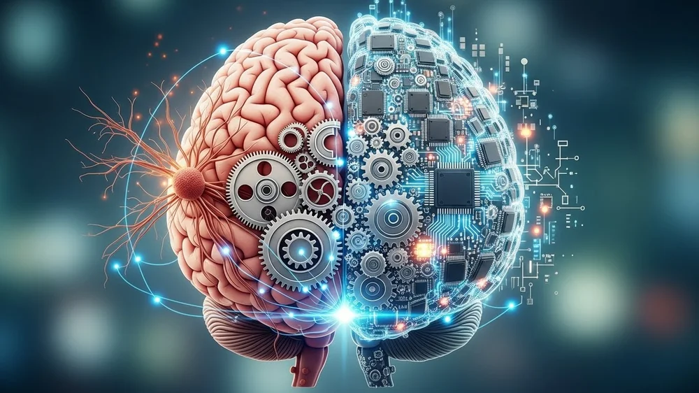 Ilustração de um cérebro dividido entre um lado orgânico com engrenagens e um lado digital com circuitos e chips de inteligência artificial.