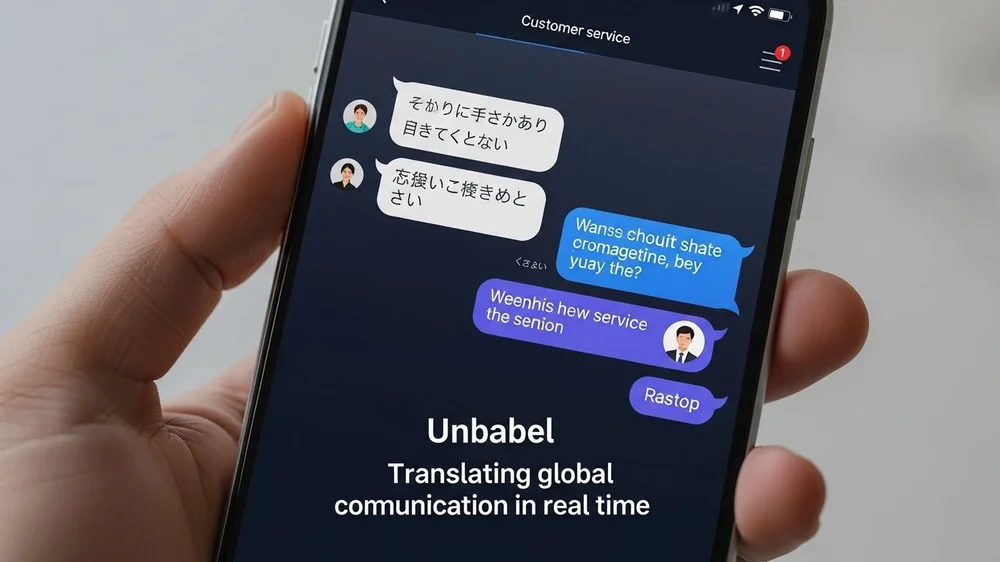 Mão segurando smartphone que mostra o aplicativo Unbabel traduzindo mensagens de chat em tempo real entre diferentes idiomas.