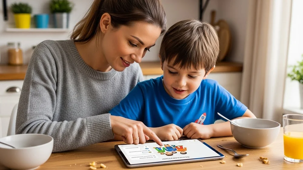 Mulher e criança juntas em uma mesa de cozinha interagindo com um tablet que exibe um aplicativo educativo familiar.
