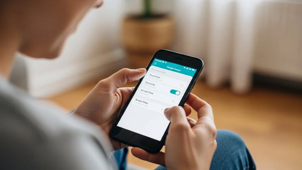 Close-up de mãos segurando um smartphone que exibe configurações de "Parental Control" (Controle Parental) para gerenciar tempo de tela.