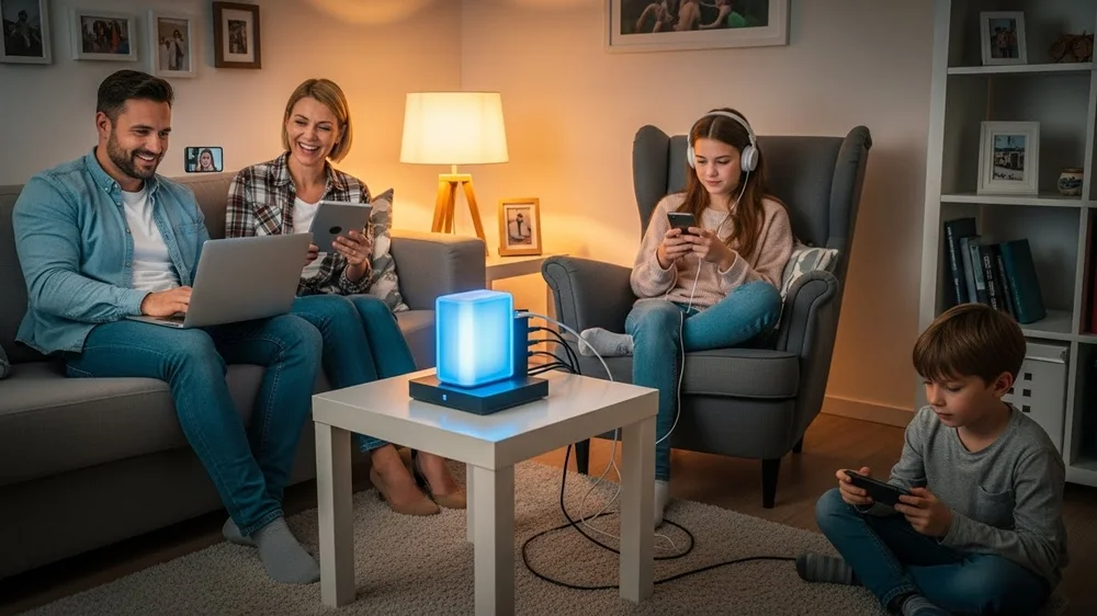 Família reunida na sala de estar usando múltiplos dispositivos conectados a um roteador central luminoso que simboliza Wi-Fi potente.