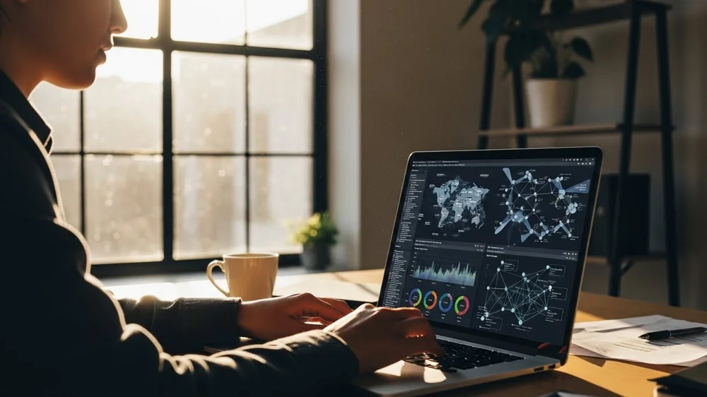 Pessoa operando notebook com dashboard de análise de dados, mapas globais e gráficos coloridos em ambiente iluminado.
