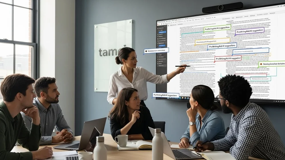 Mulher apresenta sugestões de edição em tela grande para equipe em sala de reunião moderna e iluminada.