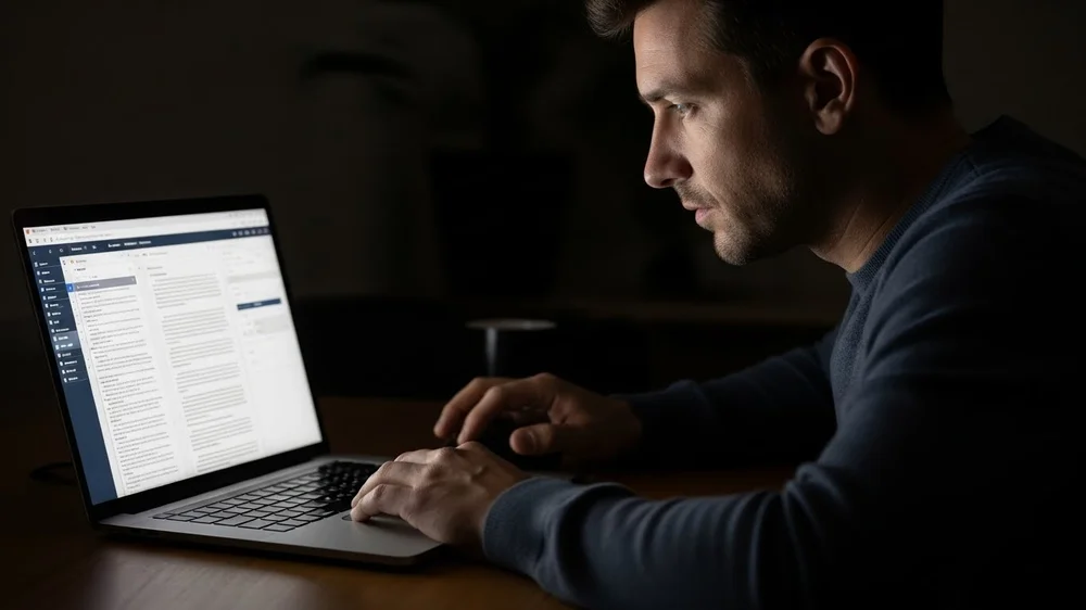 Close de perfil de um homem concentrado trabalhando em edição de texto no notebook durante a noite.