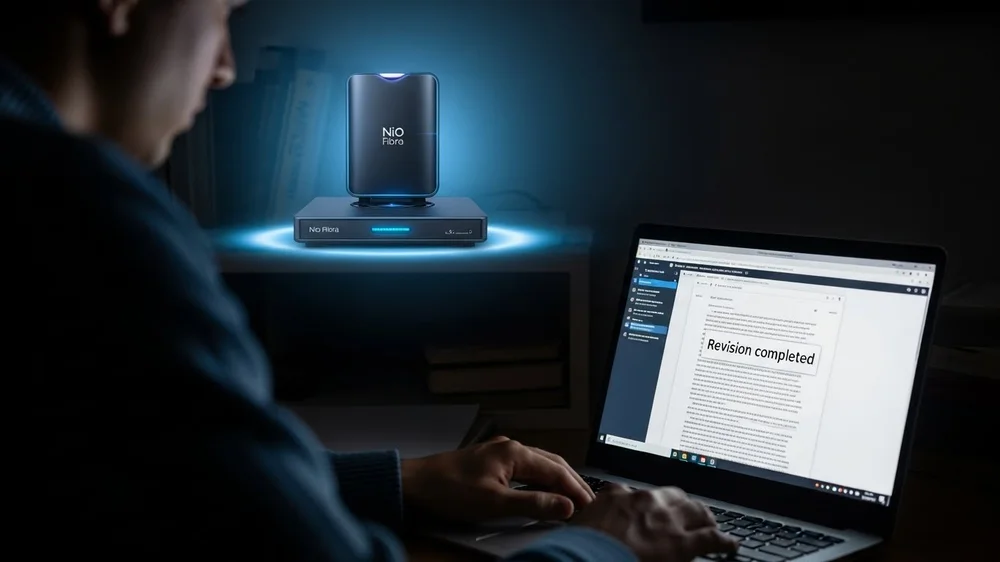 Homem usa notebook no escuro ao lado de dispositivo luminoso; tela exibe documento com a mensagem "Revision completed".