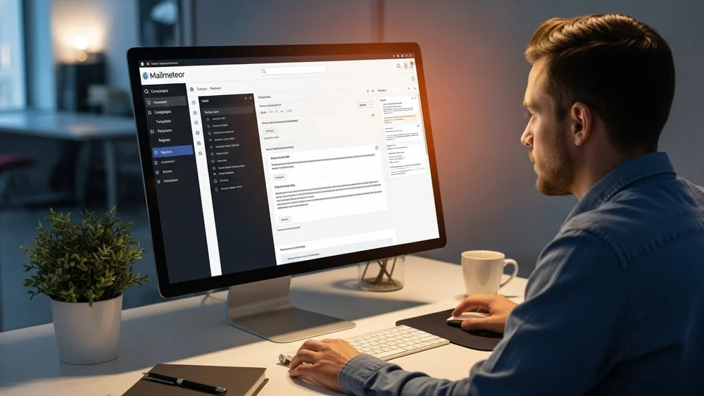 Visão traseira de um homem trabalhando na interface do Mailmeteor em um monitor grande em ambiente de escritório calmo.