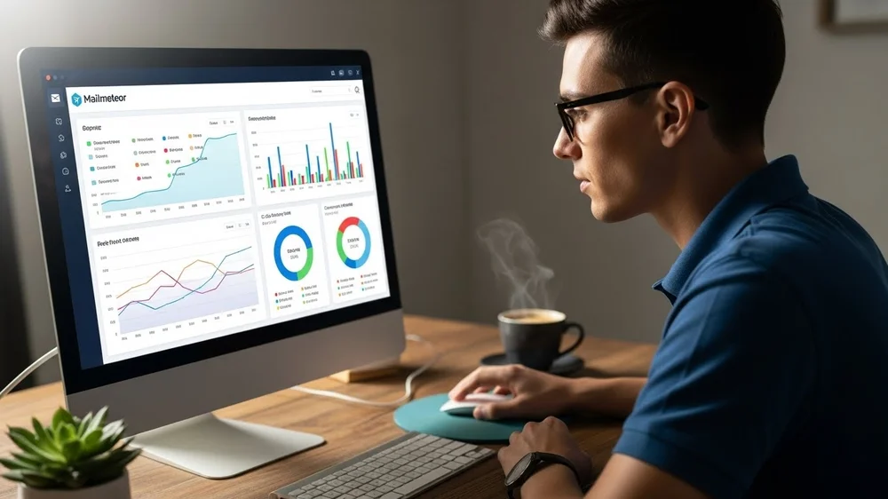 Jovem de óculos observa monitor com diversos gráficos de desempenho e métricas do Mailmeteor enquanto toma café.