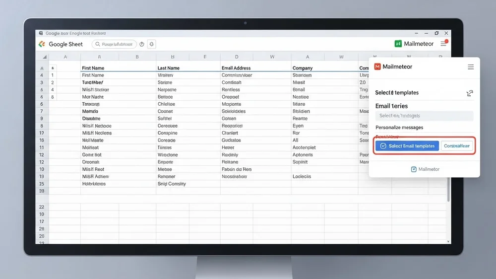 Captura de tela de uma planilha Google Sheets integrada ao Mailmeteor com janela pop-up para seleção de templates de e-mail.