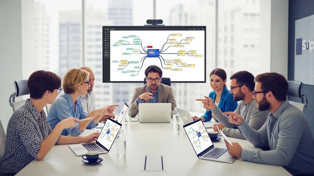 Equipe em reunião colaborativa discutindo um mapa mental complexo exibido em uma tela de videoconferência central.