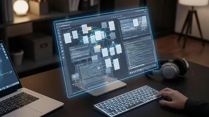 Plataforma inteligente exibindo mapas de dados e códigos