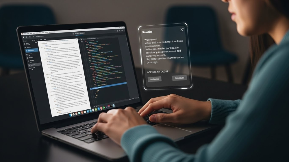 Pessoa trabalhando em laptop com interface de código e janela flutuante de inteligência artificial para reescrita.