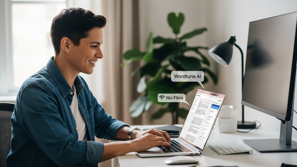Homem sorridente utiliza ferramentas digitais como Wordtune AI no laptop em home office.