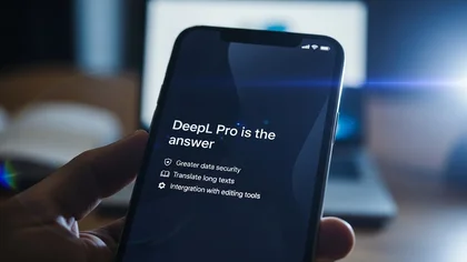 Smartphone exibe recursos do DeepL Pro para tradução segura.