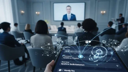 Tablet exibe tradução simultânea Wordly em conferência.