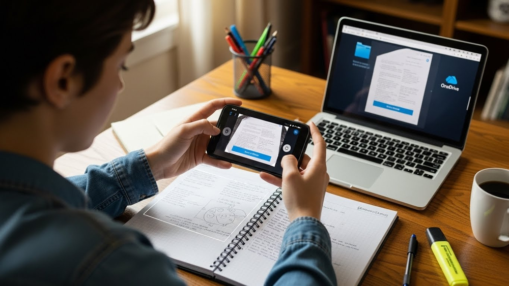 Estudante fotografa caderno para sincronizar notas com OneDrive no laptop.