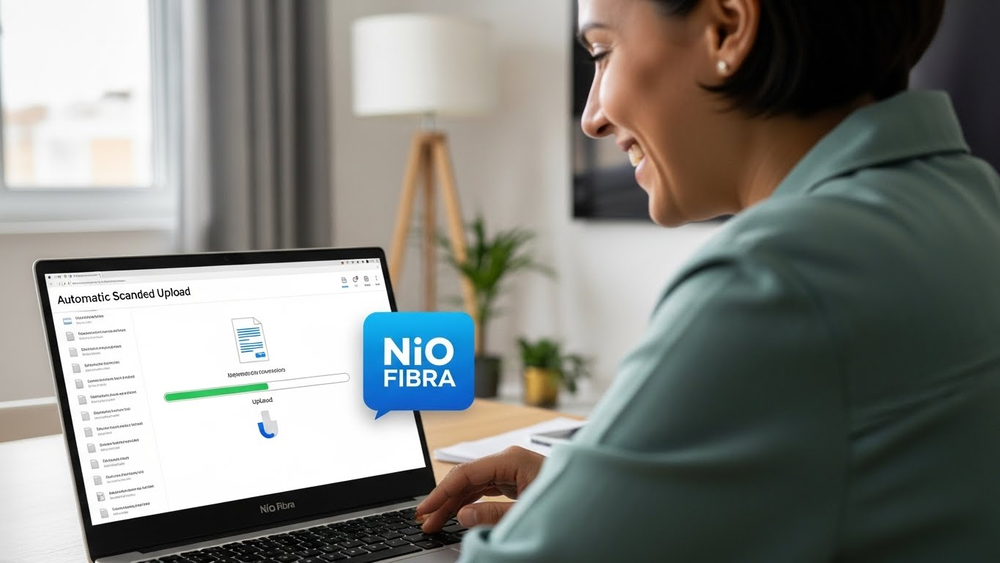 Interface de upload automático de documentos em laptop com logo da Nio Fibra.