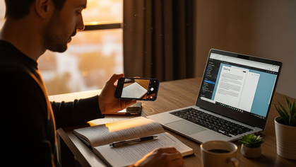 Homem usa celular para escanear livro e transferir texto para o laptop à noite.