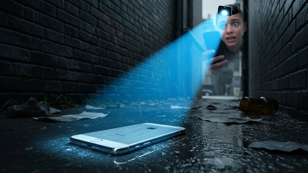 Lanterna de celular iluminando iPhone perdido no chão.