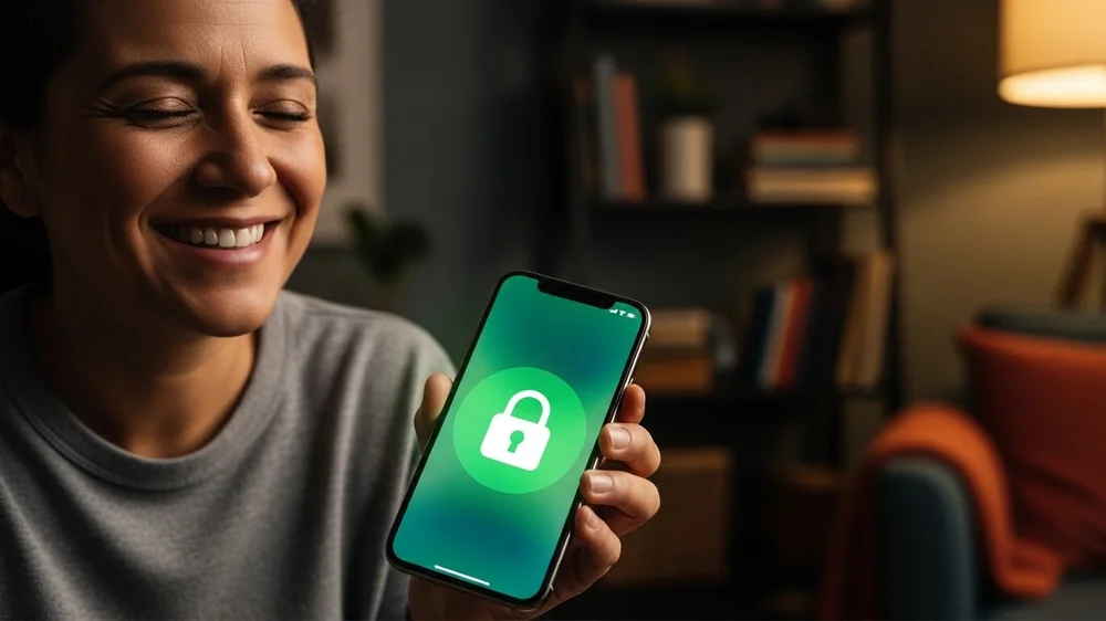 Mulher sorridente segurando celular com ícone de cadeado.