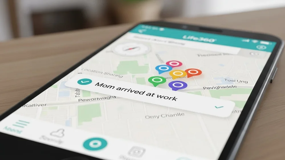 Celular com notificação "Mom arrived at work" em aplicativo de mapa.