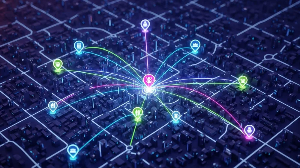 Visão aérea de cidade digital com ícones de localização conectados.