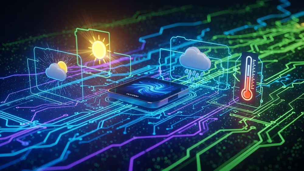 Ilustração tecnológica de controle de clima e sol do Ecobee.