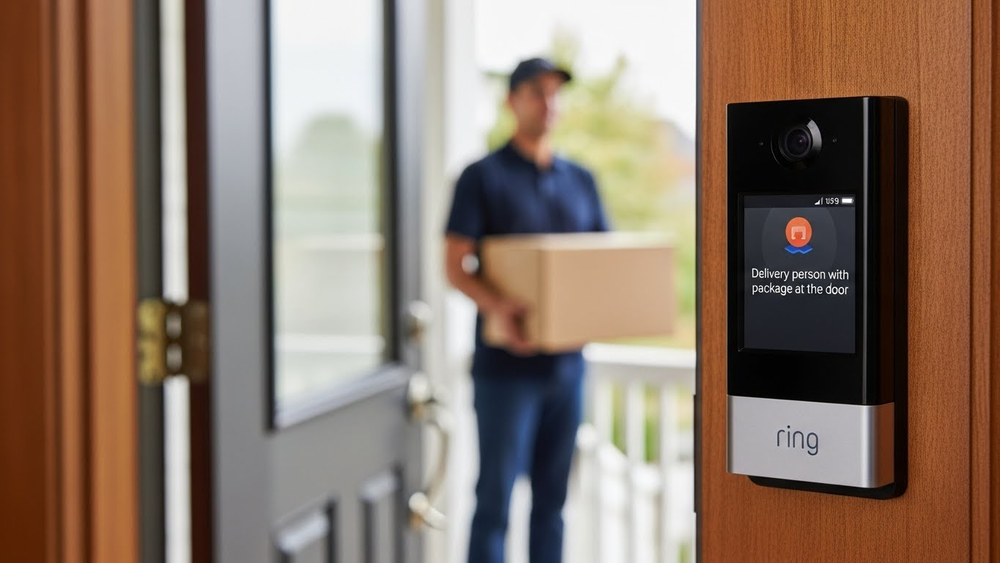 Campainha Ring mostra entregador com pacote na porta de casa.