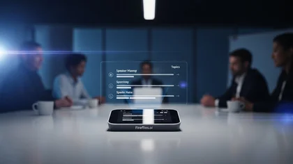 Dispositivo Fireflies.ai projeta holograma em reunião.