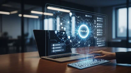 Pessoa interagindo com interface holográfica da Mem.ai no notebook.