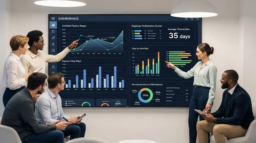 Equipe reunida analisando gráficos de RH em tela grande.