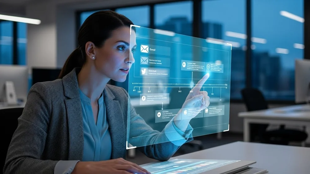 Mulher interage com interface digital flutuante num escritório moderno.