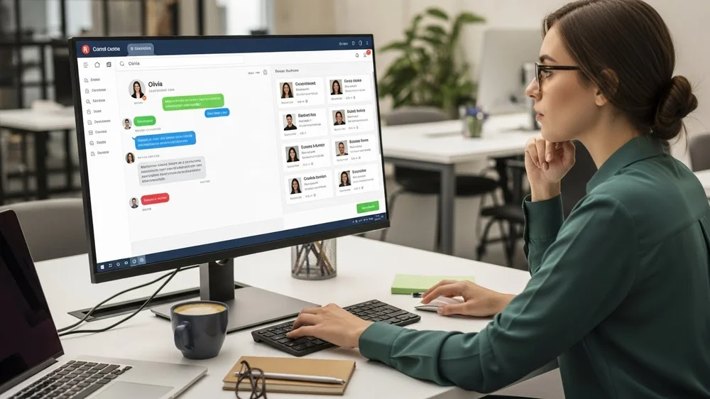 Mulher utiliza sistema de chat e gestão de candidatos no PC.