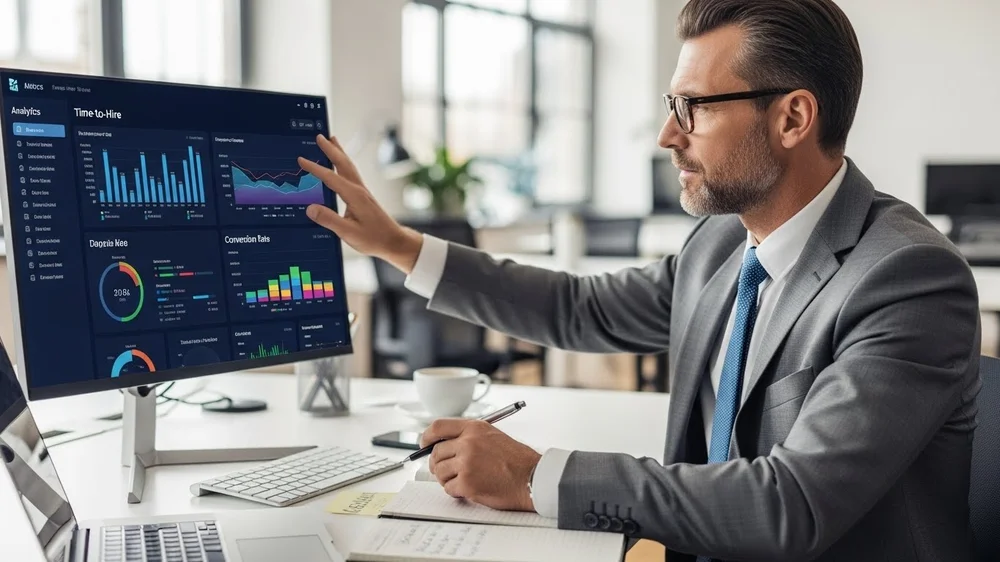 Executivo analisa métricas de tempo de contratação em painel digital.