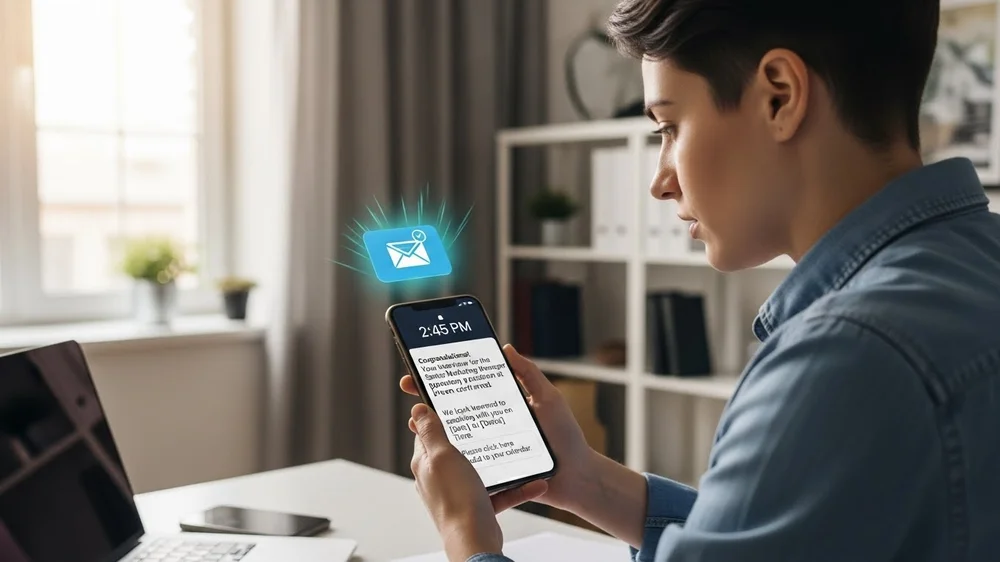 Pessoa recebe notificação de e-mail holográfica no smartphone.