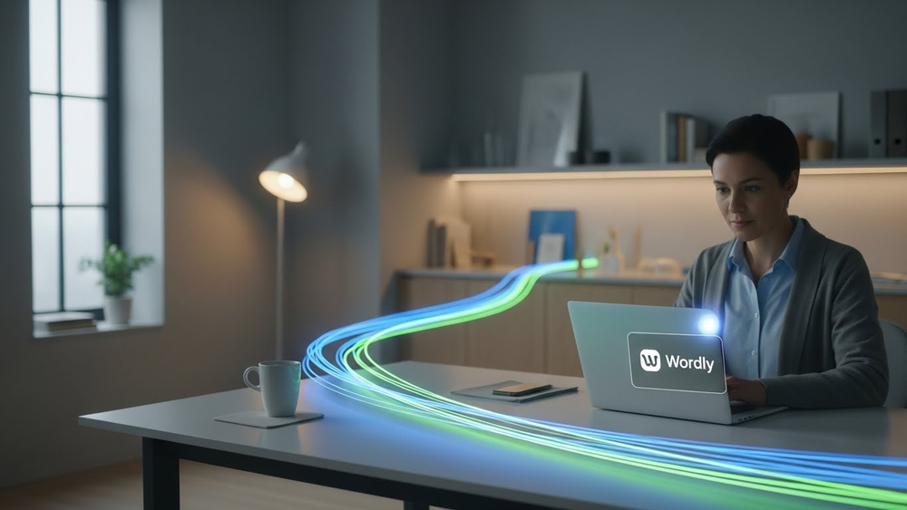 Pessoa em home office participando de uma videochamada em um laptop, com o logotipo  e fios luminosos passando